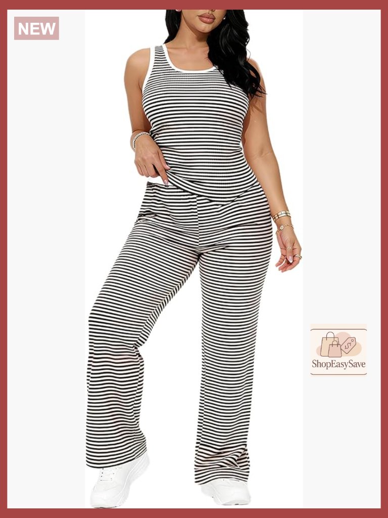 Two Piece Striped Lounge Set Sleeveless Tank Wide Leg Pants Pajama Outfit